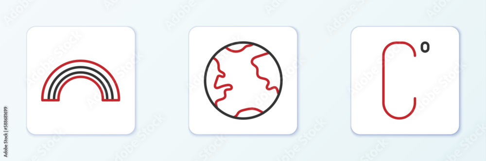 Set line Celsius, Rainbow and Earth globe icon. Vector Set line Celsius, Rainbow and Earth globe icon. Vector