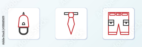 Set line Short or pants, Police cap with cockade and Tie icon. Vector