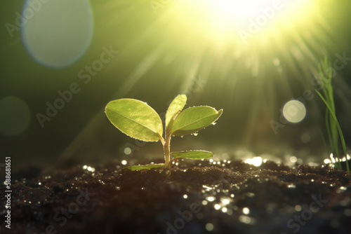 Green Seedling with Coins on the Ground, Eco-Financing and Sustainable Development Concept