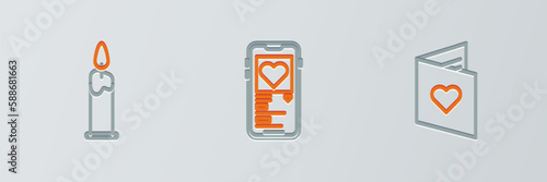 Set line Valentines day flyer with heart, Burning candle and Mobile icon. Vector
