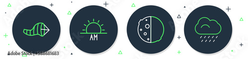 Set line Sunrise, Eclipse of the sun, Cone meteorology windsock wind vane and Cloud with rain icon. Vector