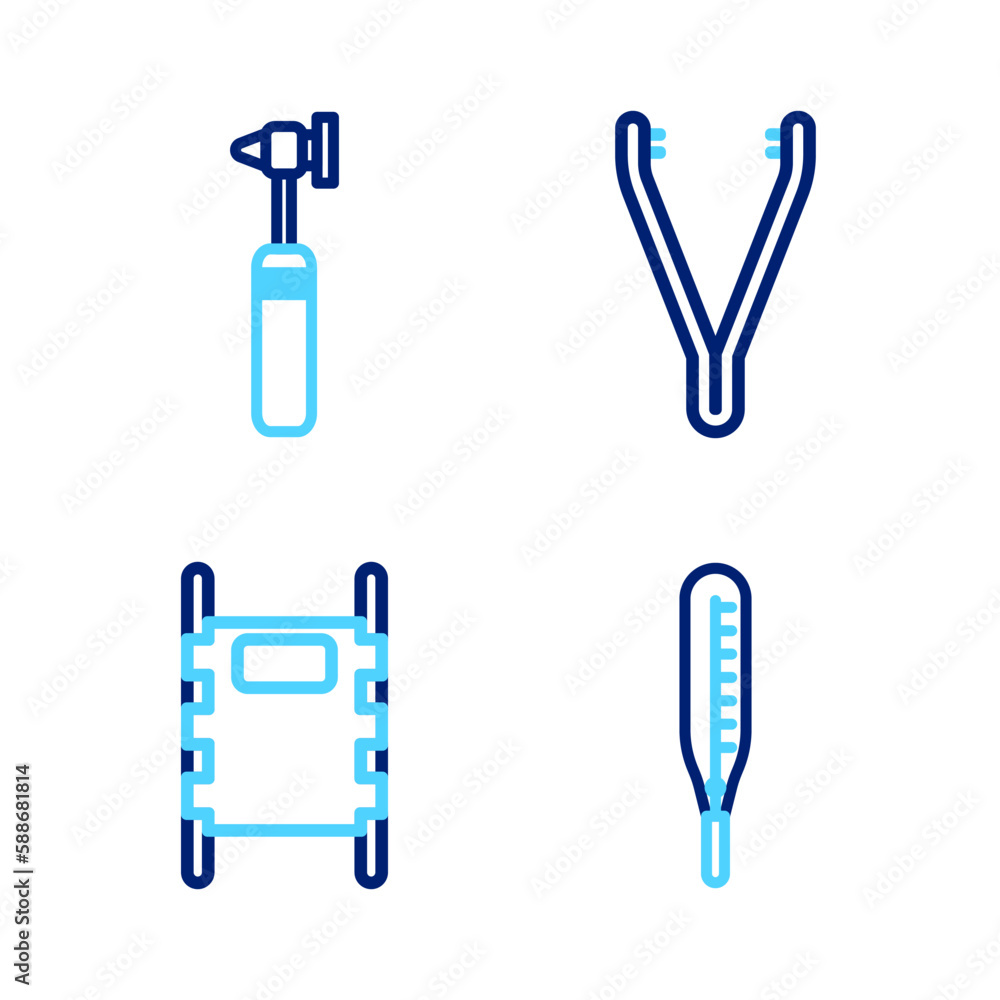 Set line Medical thermometer, Stretcher, tweezers and otoscope tool icon. Vector Set line Medical thermometer, Stretcher, tweezers and otoscope tool icon. Vector