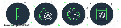 Set line Marijuana or cannabis olive oil, Cookies with marijuana, joint and Book and icon. Vector