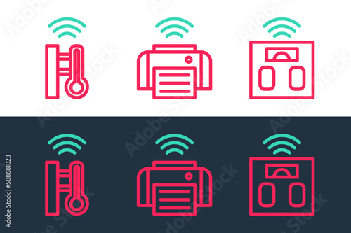Set line Smart bathroom scales, thermometer and printer icon. Vector