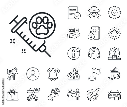 Veterinary clinic sign. Salaryman, gender equality and alert bell outline icons. Dog vaccination line icon. Pets care symbol. Dog vaccination line sign. Spy or profile placeholder icon. Vector