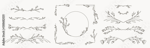 Hand drawn vintage floral borders, frames, dividers, corners with flowers and leaves. Trendy greenery elements in line art style. Vector for label, corporate identity, wedding invitation, card