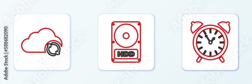 Set line Alarm clock, Cloud sync refresh and Hard disk drive HDD icon. Vector