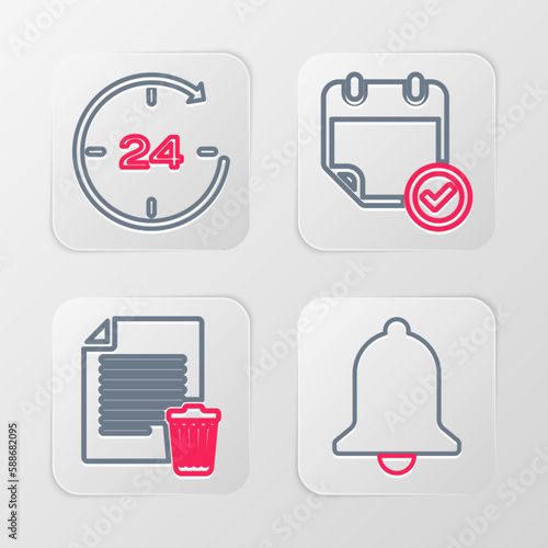 Set line Ringing bell, Delete file document, Calendar with check mark and Clock 24 hours icon. Vector