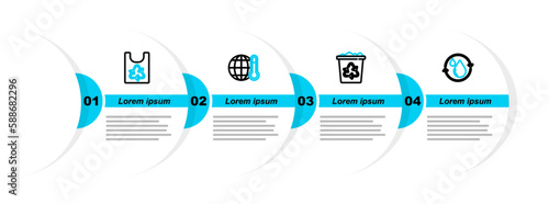 Set line Recycle clean aqua, bin with recycle, Global warming and Plastic bag icon. Vector