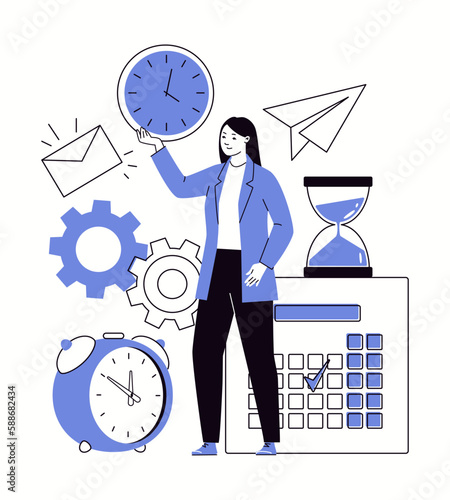 Concept of resource management of working and personal time - planning, distribution, goal setting, analysis, monitoring, organization, prioritization. Successful businesswoman. Vector illustration.