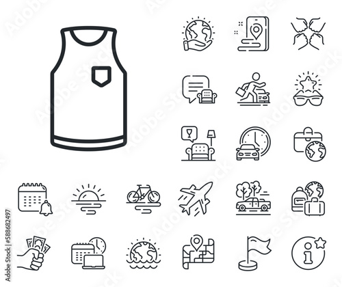 Sleeveless Tee shirt wear sign. Plane jet, travel map and baggage claim outline icons. T-shirt line icon. Fabric sport clothes symbol. T-shirt line sign. Car rental, taxi transport icon. Vector