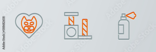 Set line Pet shampoo, Heart with cat and Cat scratching post icon. Vector