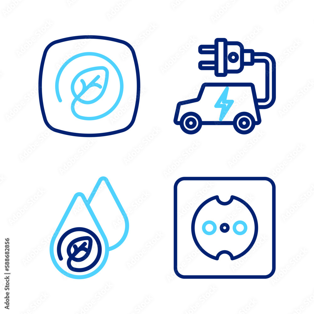 Set line Electrical outlet, Water energy, car and Location with leaf icon. Vector Set line Electrical outlet, Water energy, car and Location with leaf icon. Vector