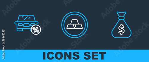 Set line Money bag, Car leasing percent and Gold bars icon. Vector