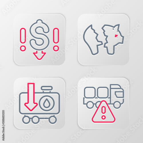 Set line Stop delivery cargo truck, Drop in crude oil price, Broken piggy bank and Dollar rate decrease icon. Vector