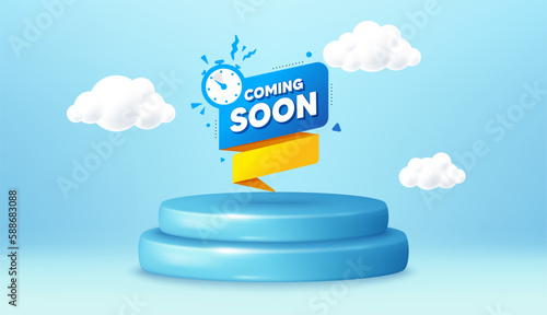 Coming soon paper banner. Winner podium 3d base. Product offer pedestal. Timer announcement tag. New open time icon. Coming soon promotion message. Background with 3d clouds. Vector