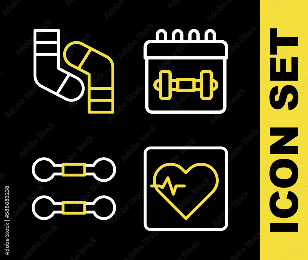 Obraz premium Set line Calendar fitness, Heart rate, Dumbbell and Socks icon. Vector
