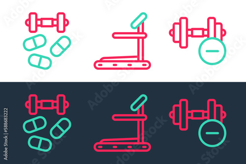 Set line Dumbbell, Sports doping with dumbbell and Treadmill machine icon. Vector