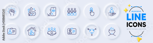 Genders, Stress and Difficult stress line icons for web app. Pack of Work home, Equity, Meeting pictogram icons. Empower, Recruitment, Id card signs. Identification card, Voicemail, Swipe up. Vector