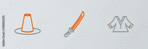 Set line Kimono, Korean hat and Katana icon. Vector