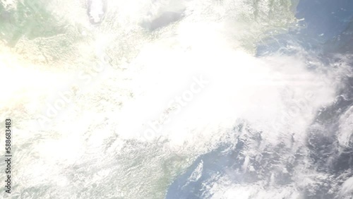 Earth zoom in from outer space to city. Zooming on Blacksburg, Virginia, USA. The animation continues by zoom out through clouds and atmosphere into space. Images from NASA photo