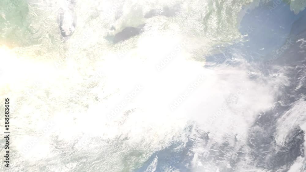 Earth zoom in from outer space to city. Zooming on Harrisonburg, Virginia, USA. The animation continues by zoom out through clouds and atmosphere into space. Images from NASA
