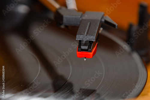 Traditional vintage vinyl record in closeup and selective focus