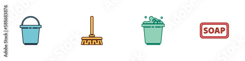 Set Bucket, Handle broom, with soap suds and Bar of icon. Vector
