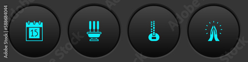 Set Independence day India, Incense sticks, Sitar and Hands in praying position icon. Vector