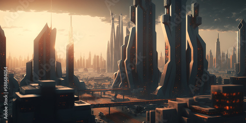 Futuristic cityscape, with towering structures and advanced technology. Generative AI