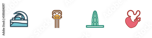 Set Concert hall de Tenerife, Peineta, Agbar tower and Spanish wineskin icon. Vector