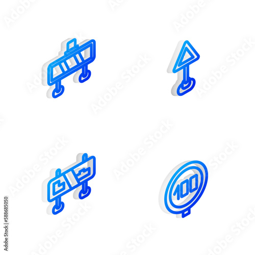 Set Isometric line Triangle warning blank, Road barrier, traffic sign and Speed limit icon. Vector