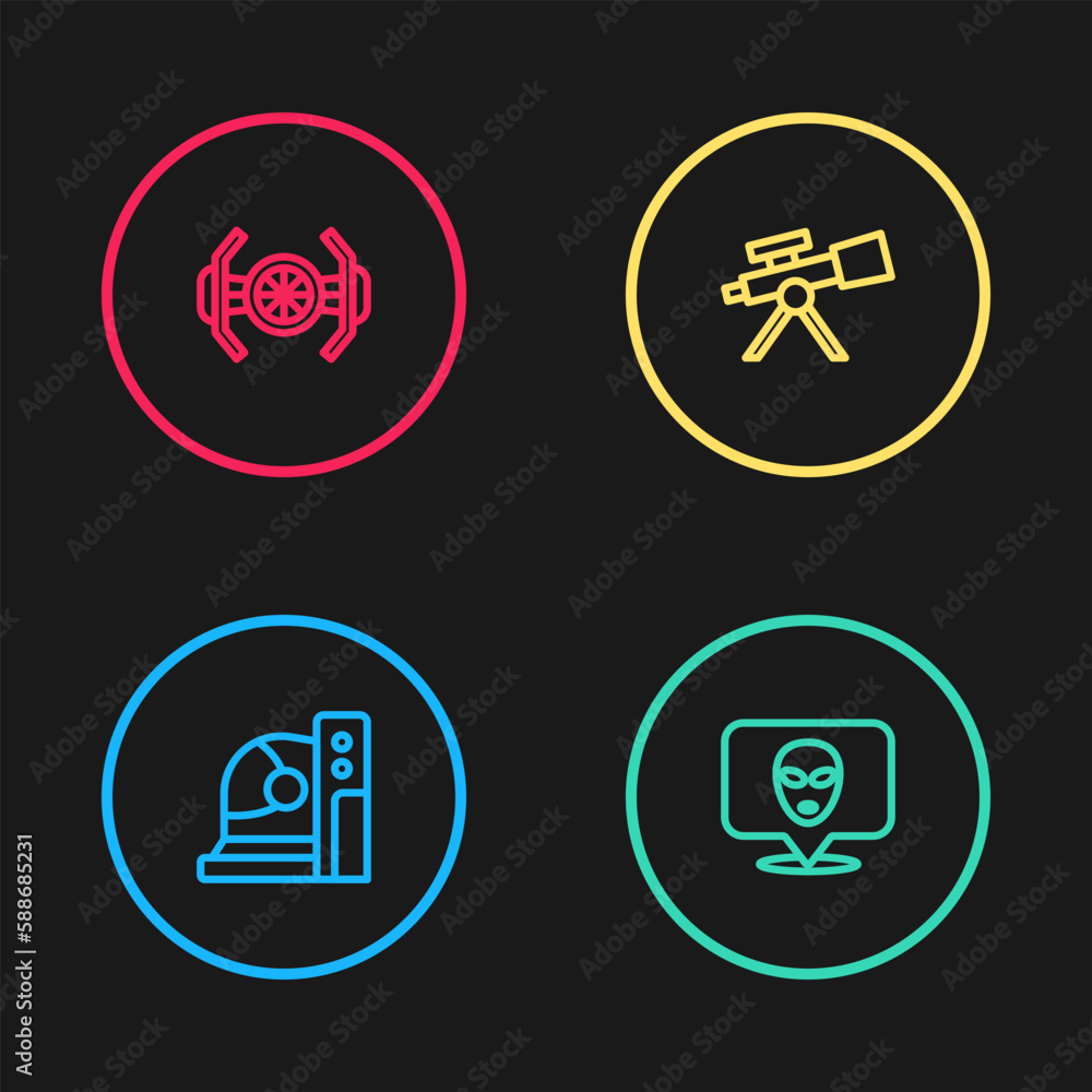 Set line Astronaut helmet, Alien, Telescope and Cosmic ship icon. Vector Set line Astronaut helmet, Alien, Telescope and Cosmic ship icon. Vector
