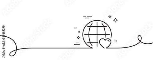 International Love line icon. Continuous one line with curl. Heart with Globe symbol. Valentines day sign. International Love single outline ribbon. Loop curve pattern. Vector