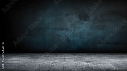 A dark studio backdrop of blue cement floors. AI-generated images