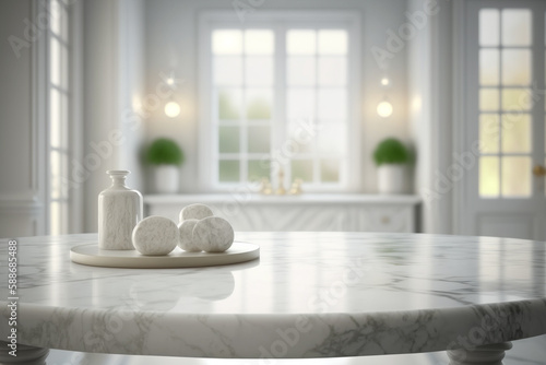 Marble stone table top on blur livingroom interior background