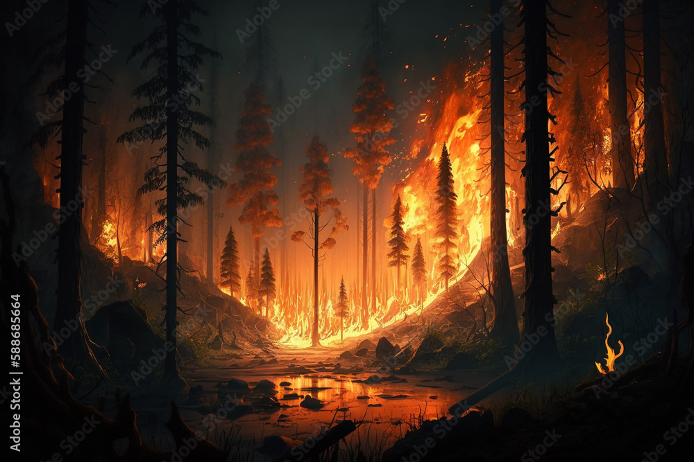 Obraz premium Aerial view of a forest fire - Generative AI