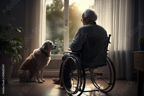 Lonely sad elderly man in wheelchair in nursing home with his dog, the friendship of people and animals. Generative AI © erika8213