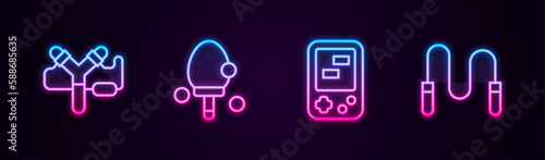 Set line Slingshot, Racket, Tetris electronic game and Jump rope. Glowing neon icon. Vector