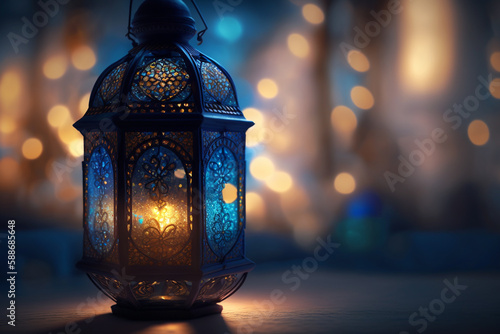 Festive greeting card for Muslim holy month Ramadan Kareem. Generative ai.