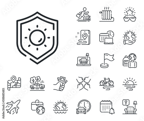 Uv protect sign. Plane jet, travel map and baggage claim outline icons. Sun protection line icon. Sunscreen effect symbol. Sun protection line sign. Car rental, taxi transport icon. Vector