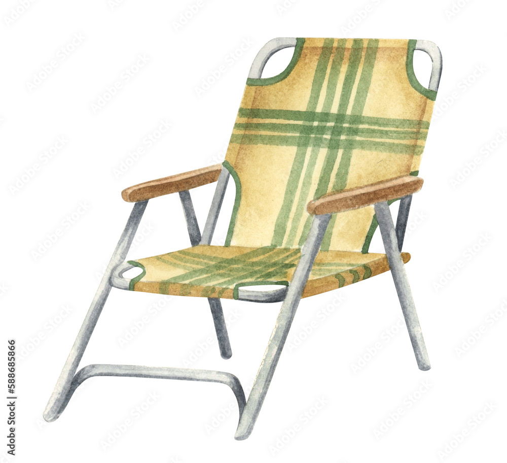 Vintage folding chair for outdoor recreation. Watercolor illustration isolated on white background