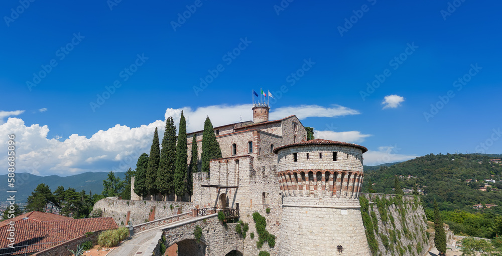 Panoramic drone view of the upper part of the historical castle in the town of Brescia. Lombardy, Italy