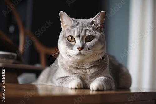 Adorable Cat Sitting at Home. Closeup of Cute Pet with Blur Background and Copy Space