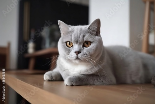 Adorable Cat Sitting at Home. Closeup of Cute Pet with Blur Background and Copy Space © Thares2020