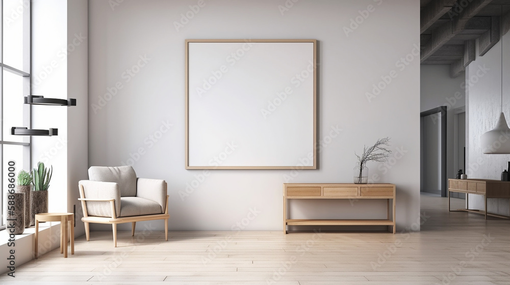 Fototapeta premium mockup poster frame in minimalist modern interior; generative AI