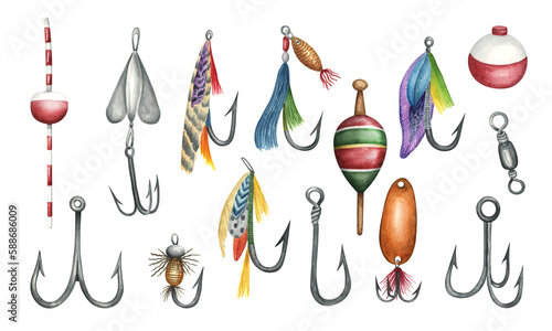 Collection of elements for fishing. Vintage floats, salmon fly lures, fishing hooks, metal spoons. Fishing watercolor illustration set of elements