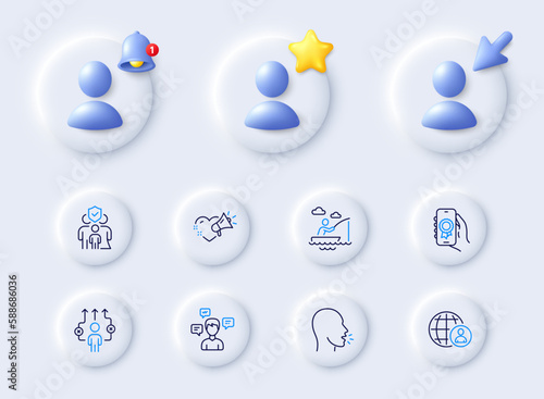 Boat fishing, Family insurance and Cough line icons. Placeholder with 3d cursor, bell, star. Pack of Love message, Conversation messages, Business way icon. Vector