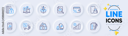 Gas price, Money and Savings tax line icons for web app. Pack of Phone wallet, Graph chart, Blocked card pictogram icons. Discounts offer, Online job, Analytics graph signs. Startup. Vector