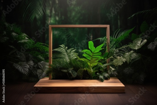 Empty Wooden Tabletop Display Showcase with Lush Jungle Leaves Background © Georg Lösch